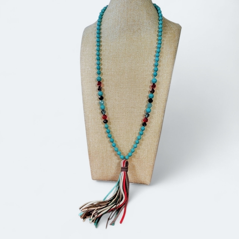 Long Turquoise Beaded Necklace with Tassel Red Accents Boho Colorful Summer